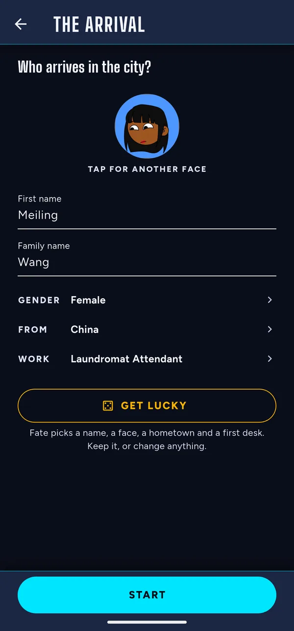The arrival screen: choose a name, a face, where you come from and your first job.