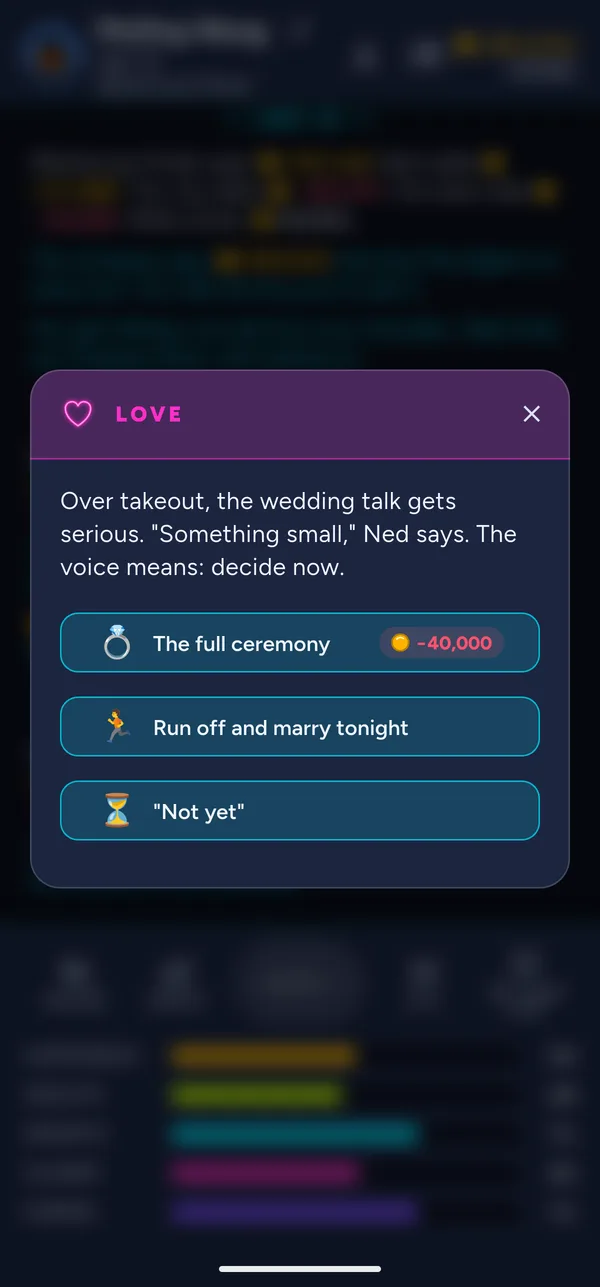 A moment from the city: over takeout, the wedding talk gets serious. Three choices, and the full ceremony shows its cost.