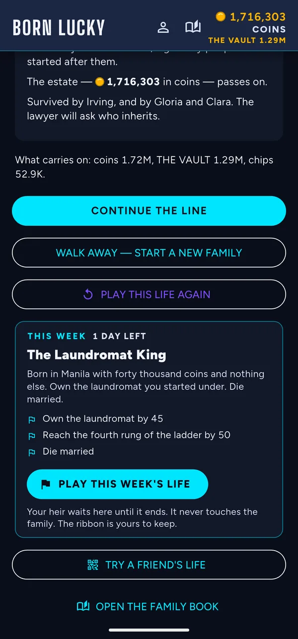 After a death: continue the line, start a new family, replay the life or take the weekly challenge.